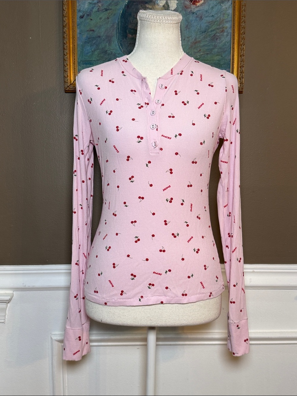 SKIMS Pink Cherry Logo Ribbed Henley Long Sleeve Tee M